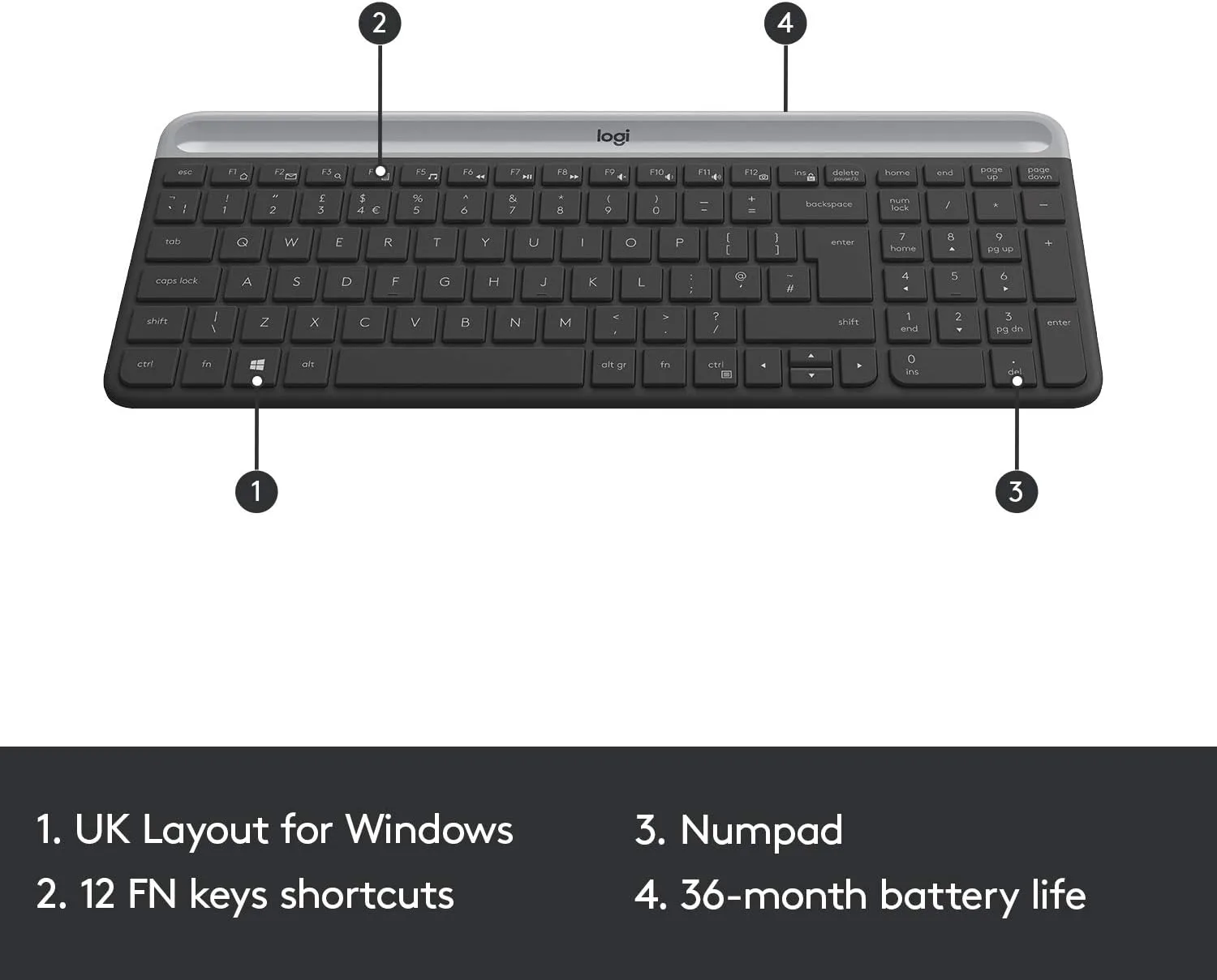 Logitech MK470 Slim Wireless Keyboard & Mouse Combo - 2.4GHz Unifying USB Receiver, Low Profile, Whisper-Quiet, Long Battery Life, Optical Mouse, Arabic Layout - Graphite - Image 4
