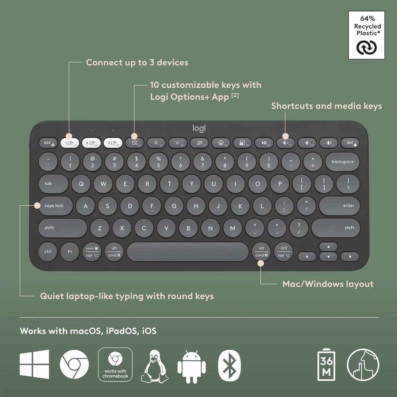 Logitech Pebble Keys 2 K380s Multi-Device Bluetooth Wireless Keyboard with Customizable Shortcuts, Slim and Portable - Image 6