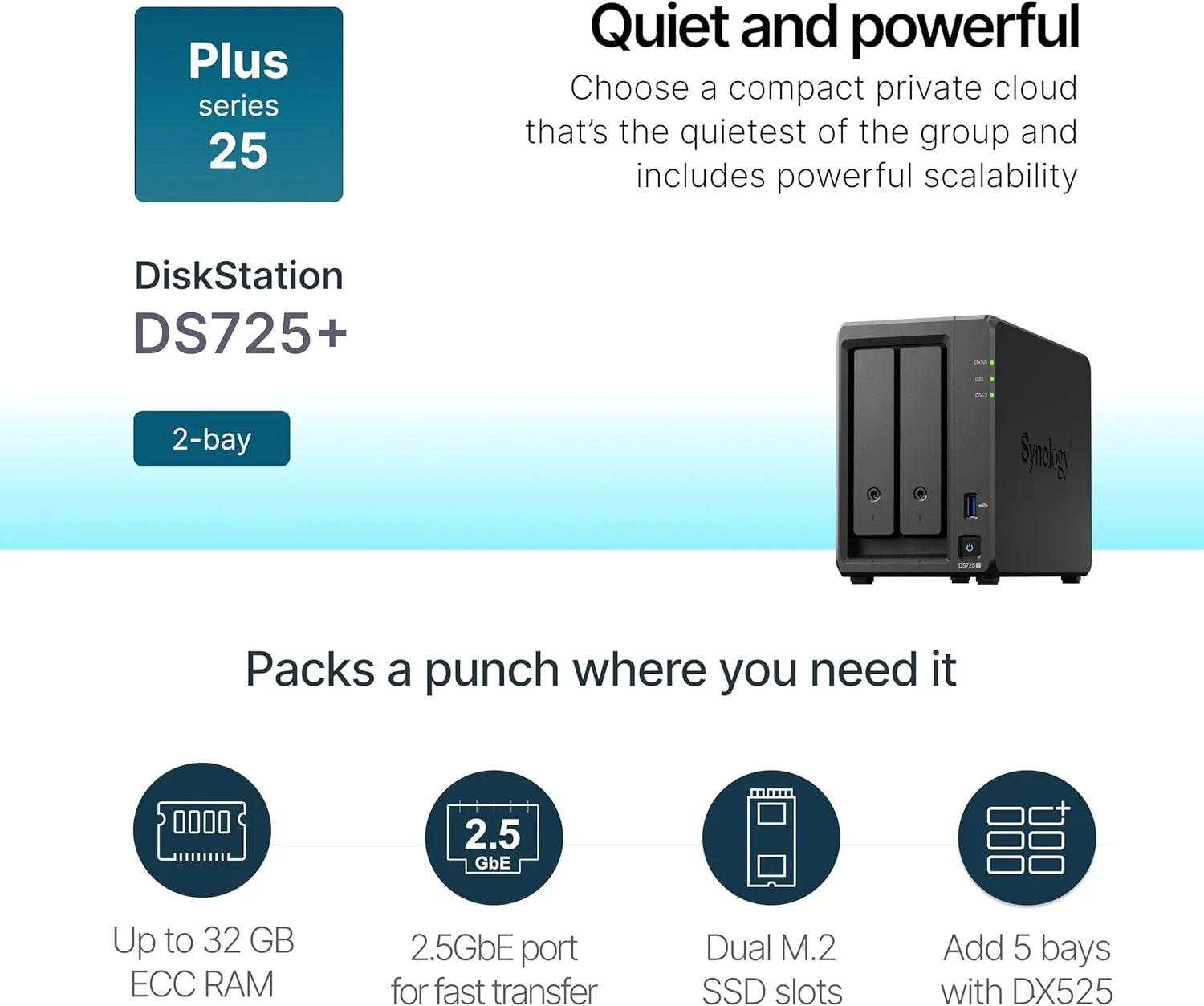 Synology DS725+ 2-Bay NAS Kit with Ryzen CPU, 4 GB RAM, 2.5GbE NIC - Image 2