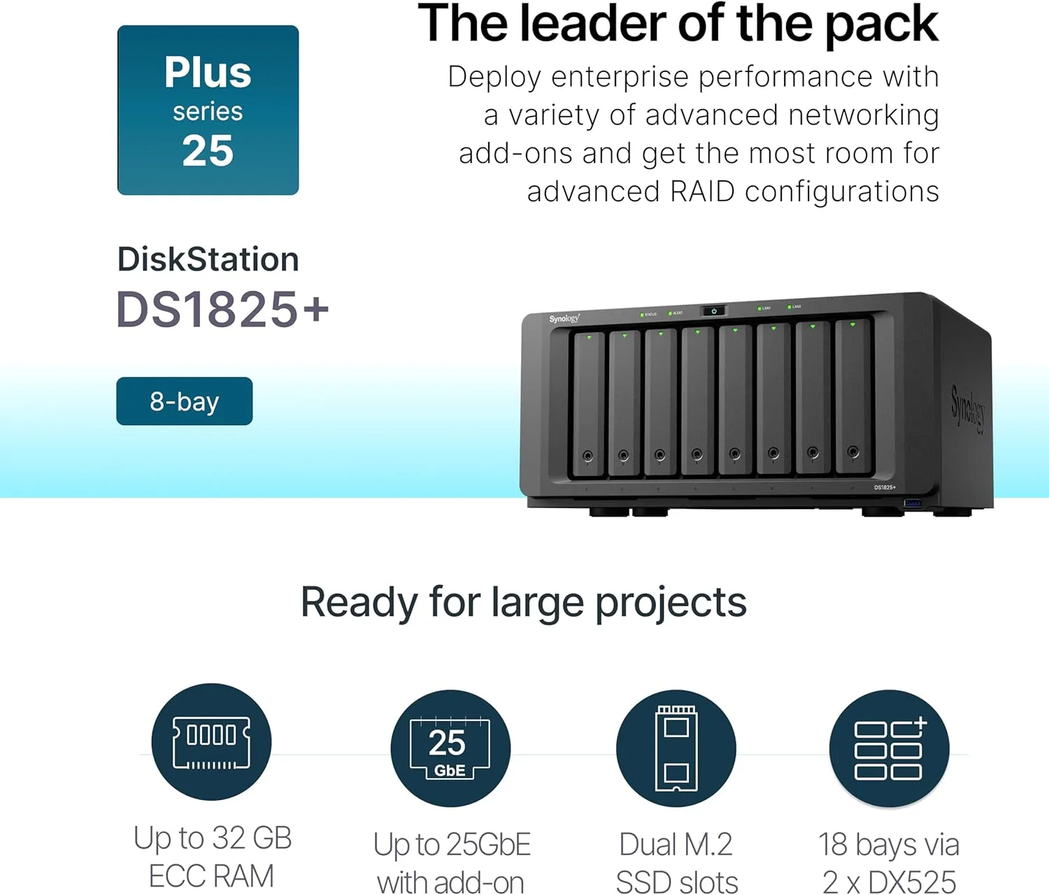 Synology DiskStation DS1825+ 8-Bay NAS with AMD Ryzen CPU, 4GB RAM, Diskless - Image 2